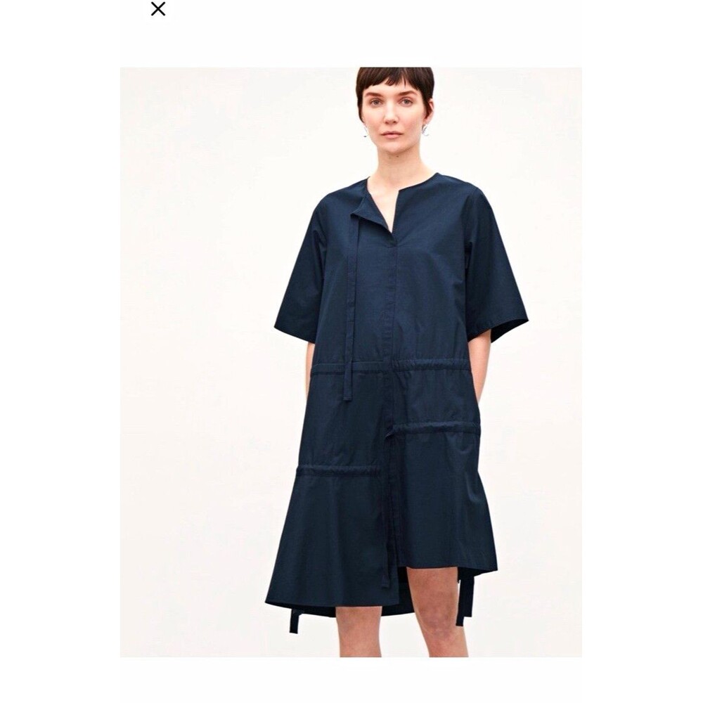 COS Black Cotton Woven Shift Dress V-Neck Short Sleeve Pockets Knee Length Sz 12